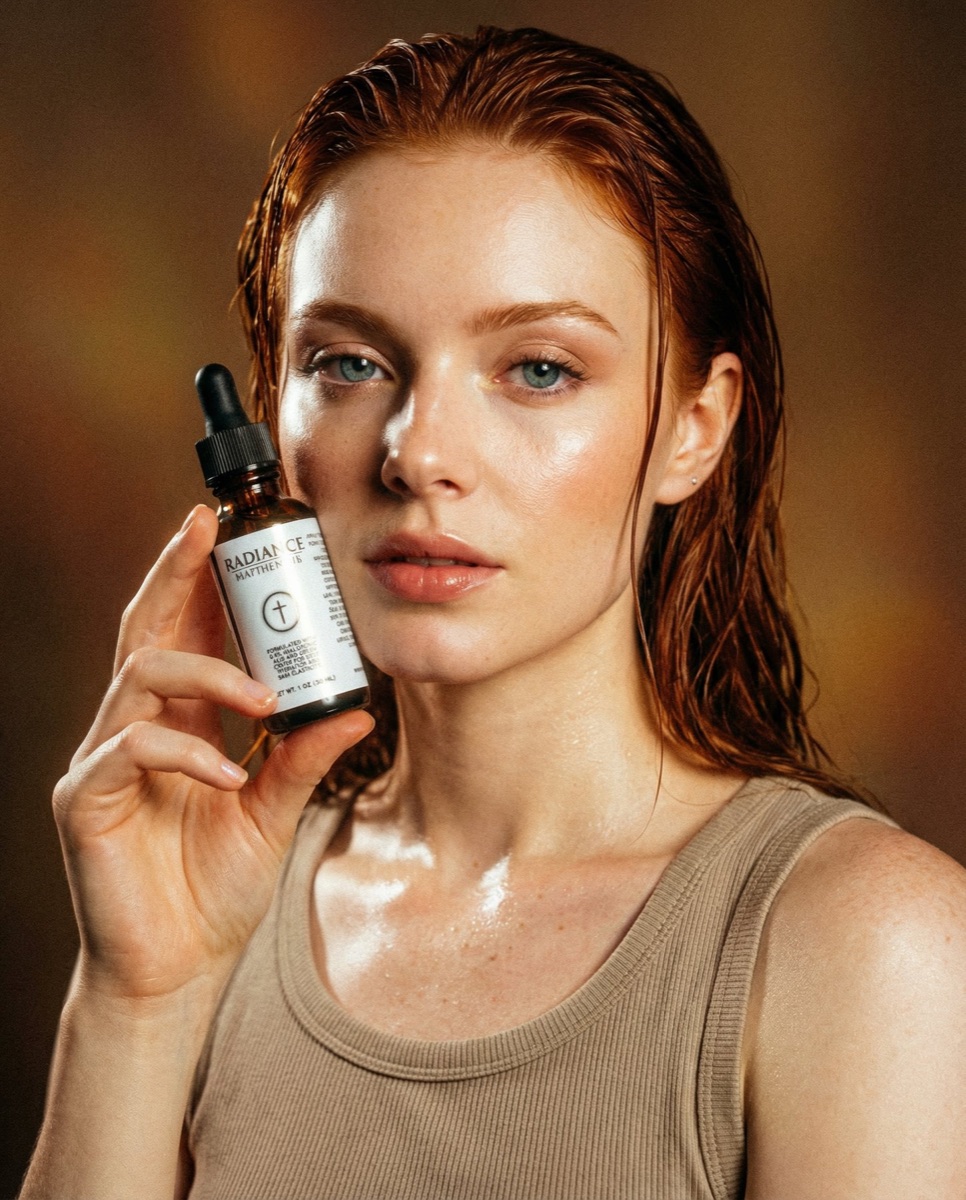 Woman holding Temple Pillar serum beside glowing skin