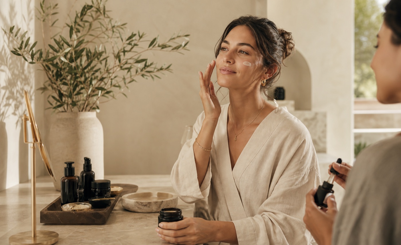A woman applying skincare in a calm morning routine